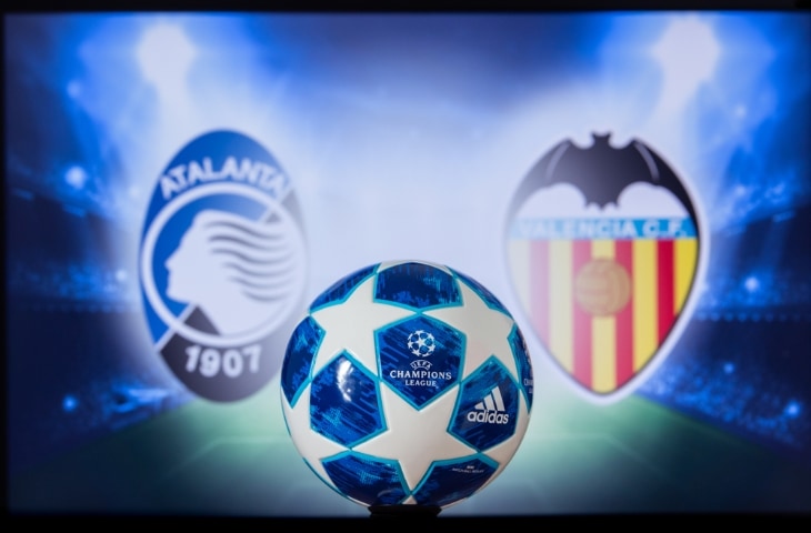 atalanta bergamo - valencia cf logo met champions league bal